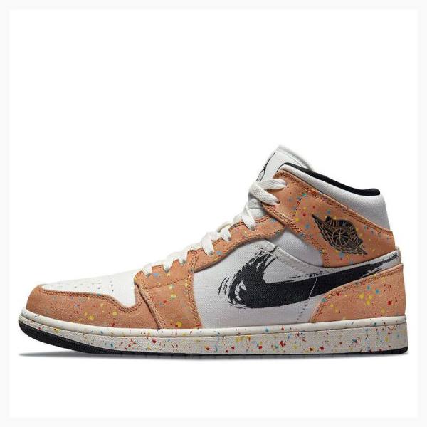 Air Jordan 1 Nike Medio SE Brushstroke Tênis de Basquete Masculino Branco Marrom | JD-984IA